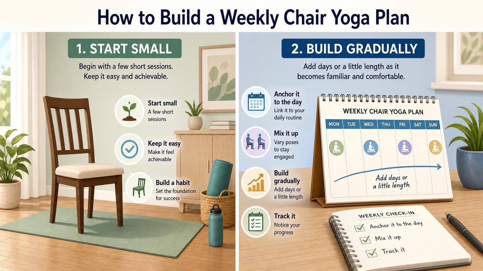 Illustration for Free Printable Chair Yoga for Seniors (PDF Chart): How to build a weekly chair yoga plan