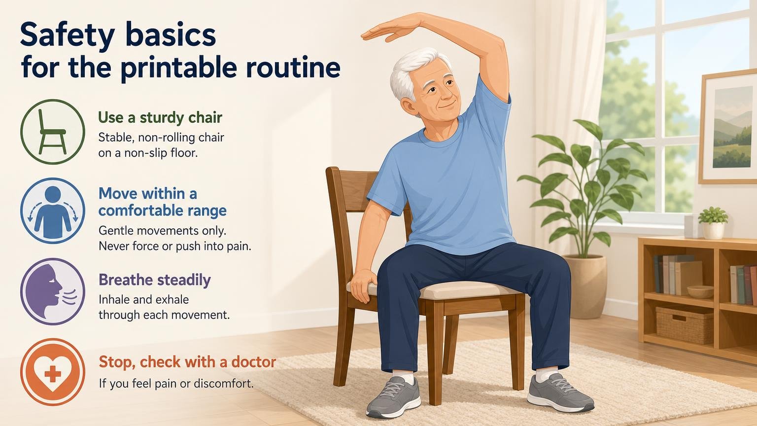 Illustration for Free Printable Chair Yoga for Seniors (PDF Chart): Safety basics for the printable routine