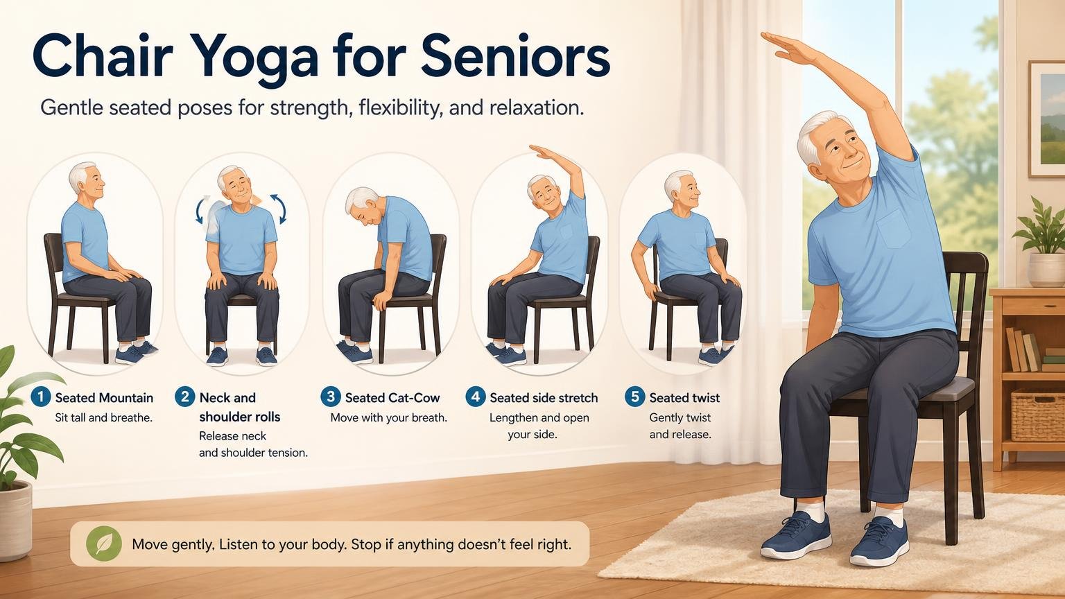 Illustration for Free Printable Chair Yoga for Seniors (PDF Chart): The chair yoga poses in the printable (PDF)