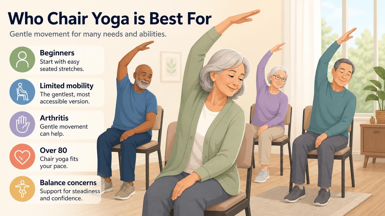 Illustration for Free Printable Chair Yoga for Seniors (PDF Chart): Who chair yoga is best for