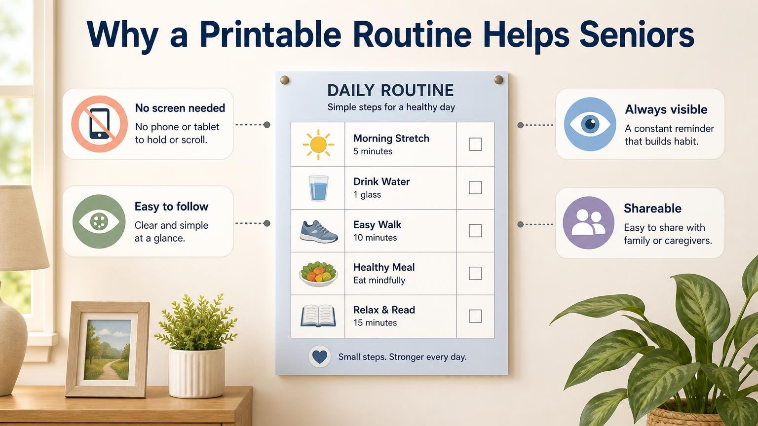 Illustration for Free Printable Chair Yoga for Seniors (PDF Chart): Why a printable routine helps seniors