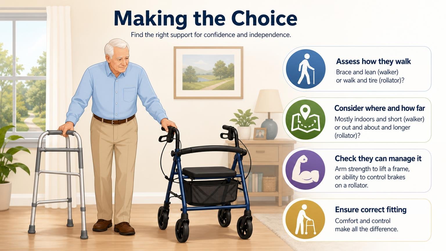 Illustration for Rollator vs Walker: Which Is Right for Your Senior?: Making the choice