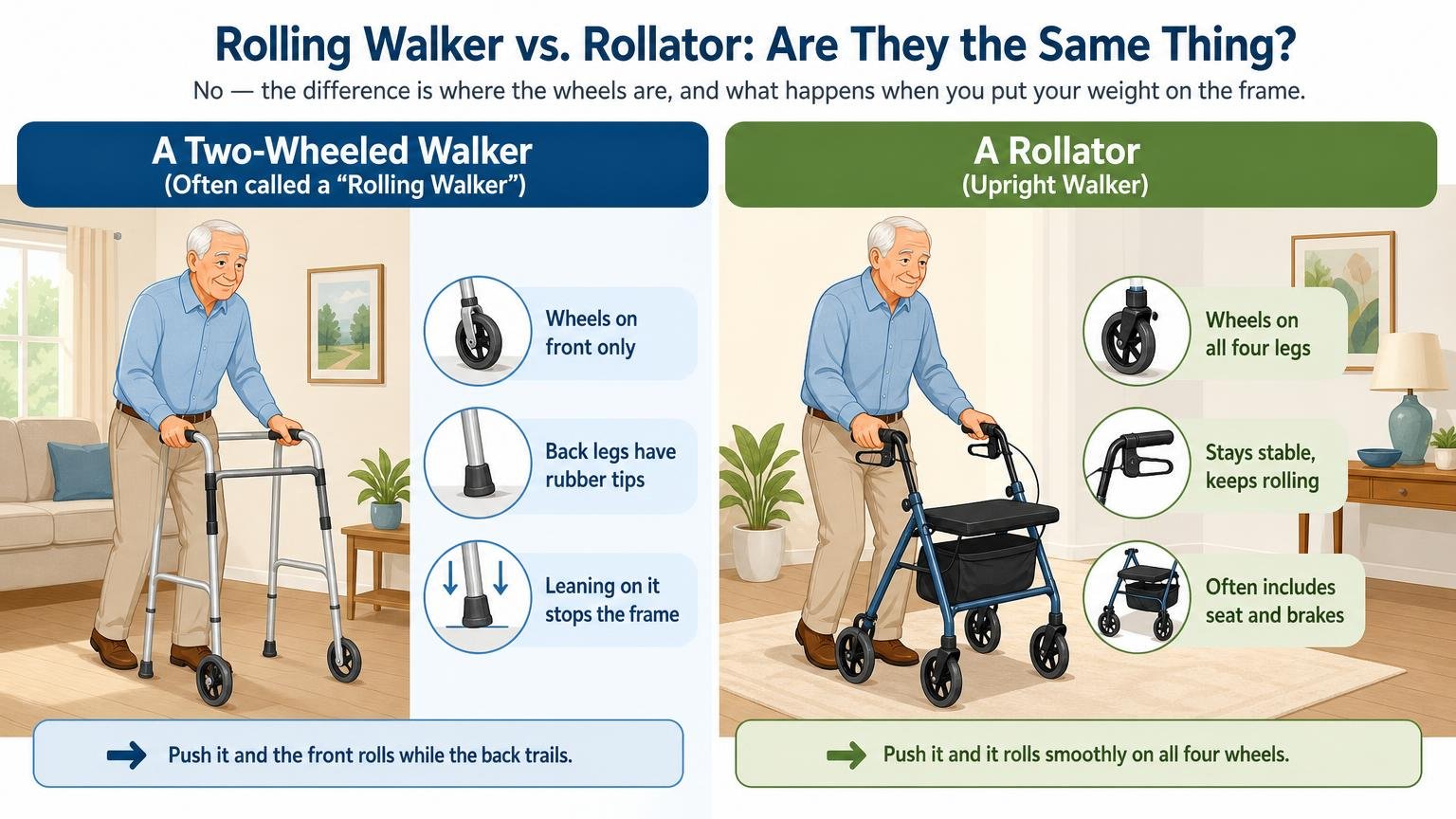 Illustration for Rollator vs Walker: Which Is Right for Your Senior?: Rolling walker vs rollator: are they the same thing?