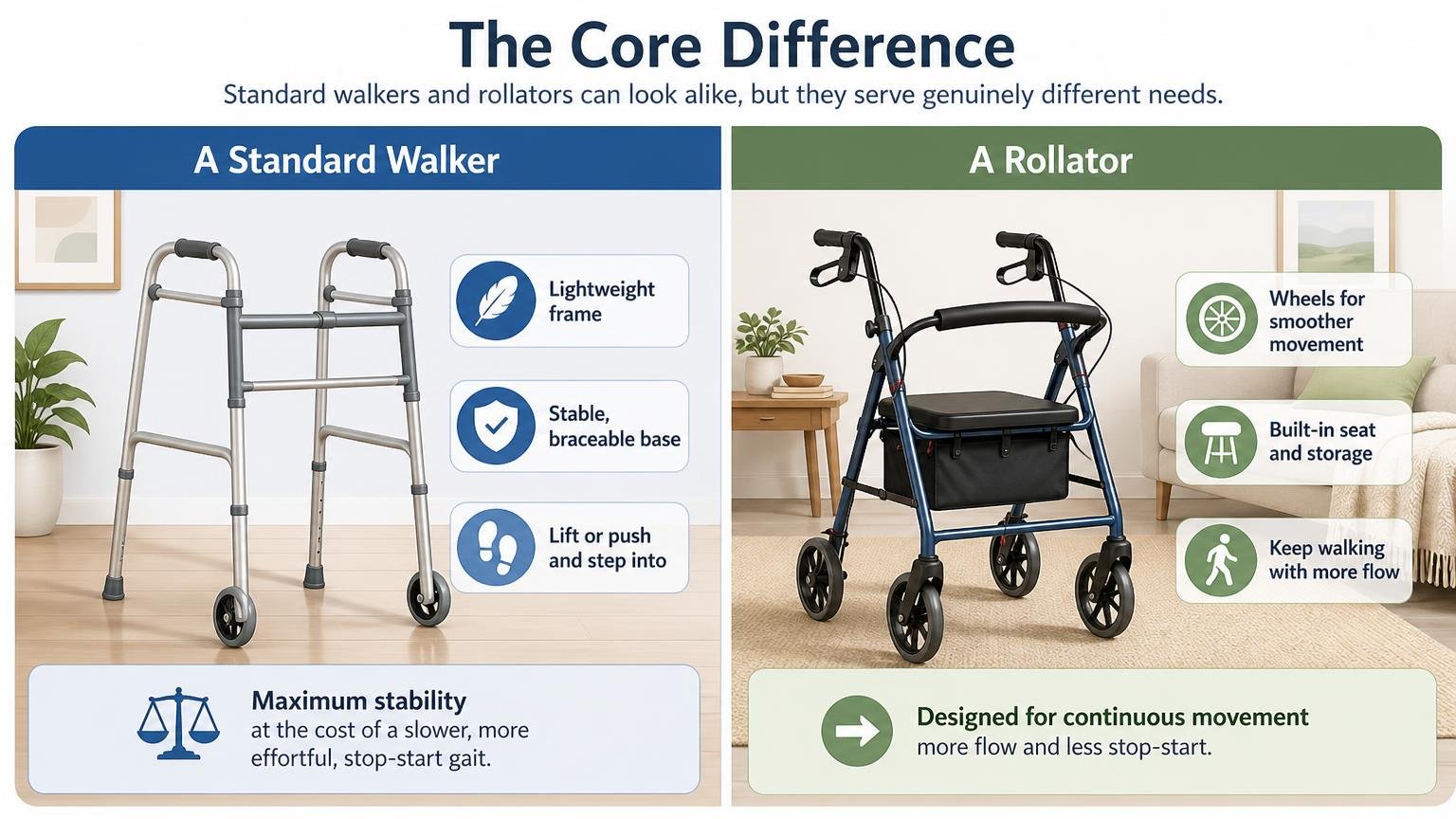 Illustration for Rollator vs Walker: Which Is Right for Your Senior?: The core difference