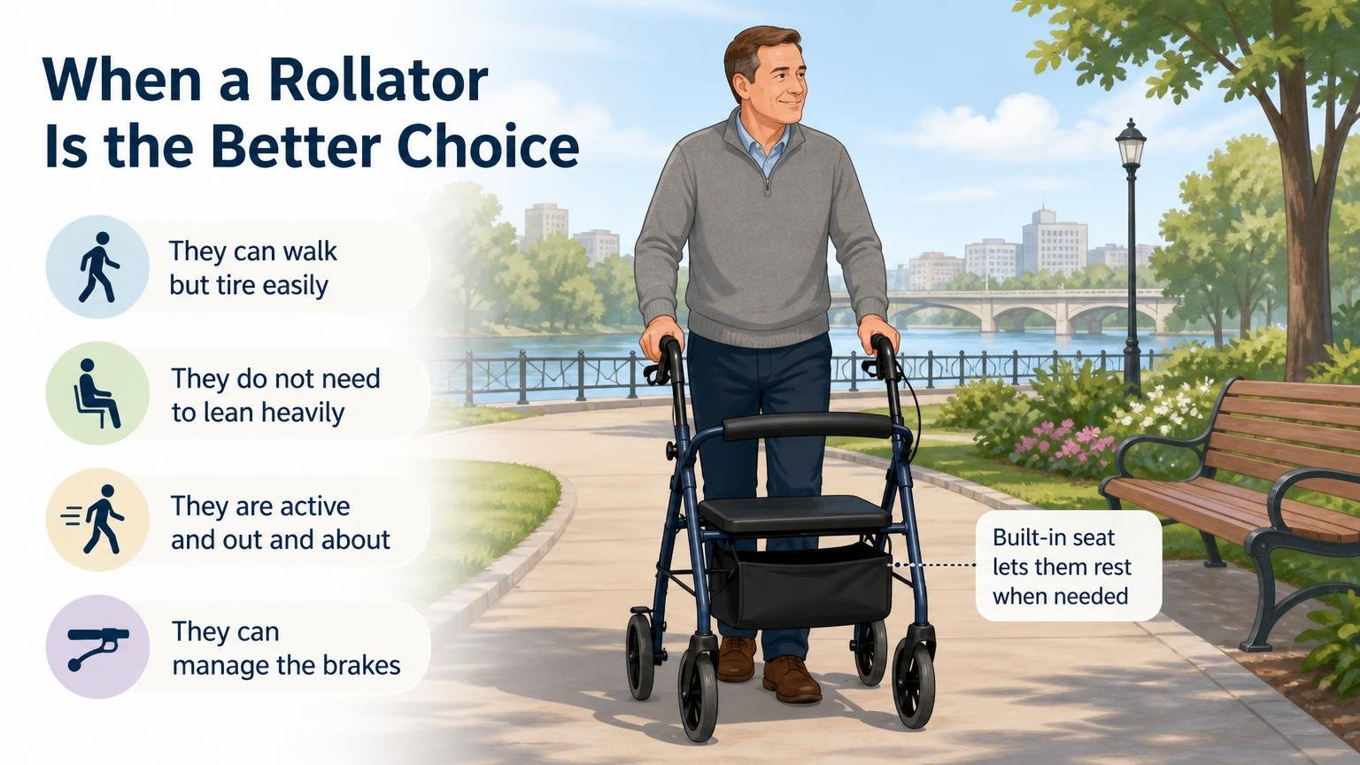 Illustration for Rollator vs Walker: Which Is Right for Your Senior?: When a rollator is the better choice