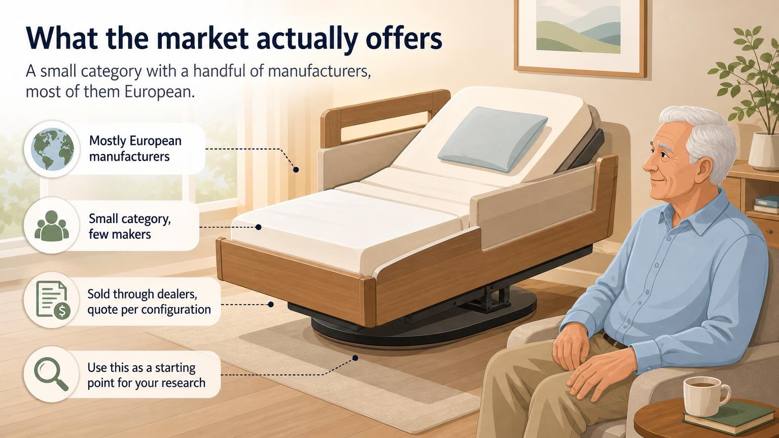 Illustration for Rotating Beds for Seniors: What They Do, Who They Suit, and What They Cost: What the market actually offers