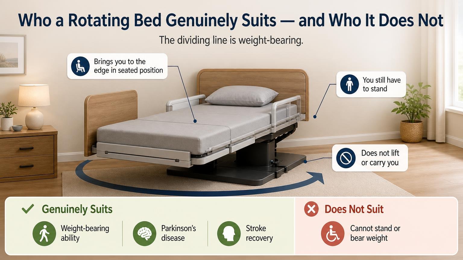 Illustration for Rotating Beds for Seniors: What They Do, Who They Suit, and What They Cost: Who a rotating bed genuinely suits — and who it does not