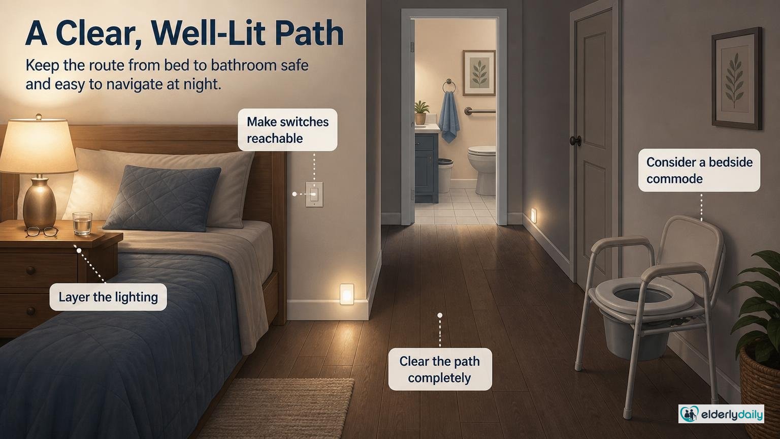 Illustration for Safe Bedroom Setup for Seniors: A clear, well-lit path