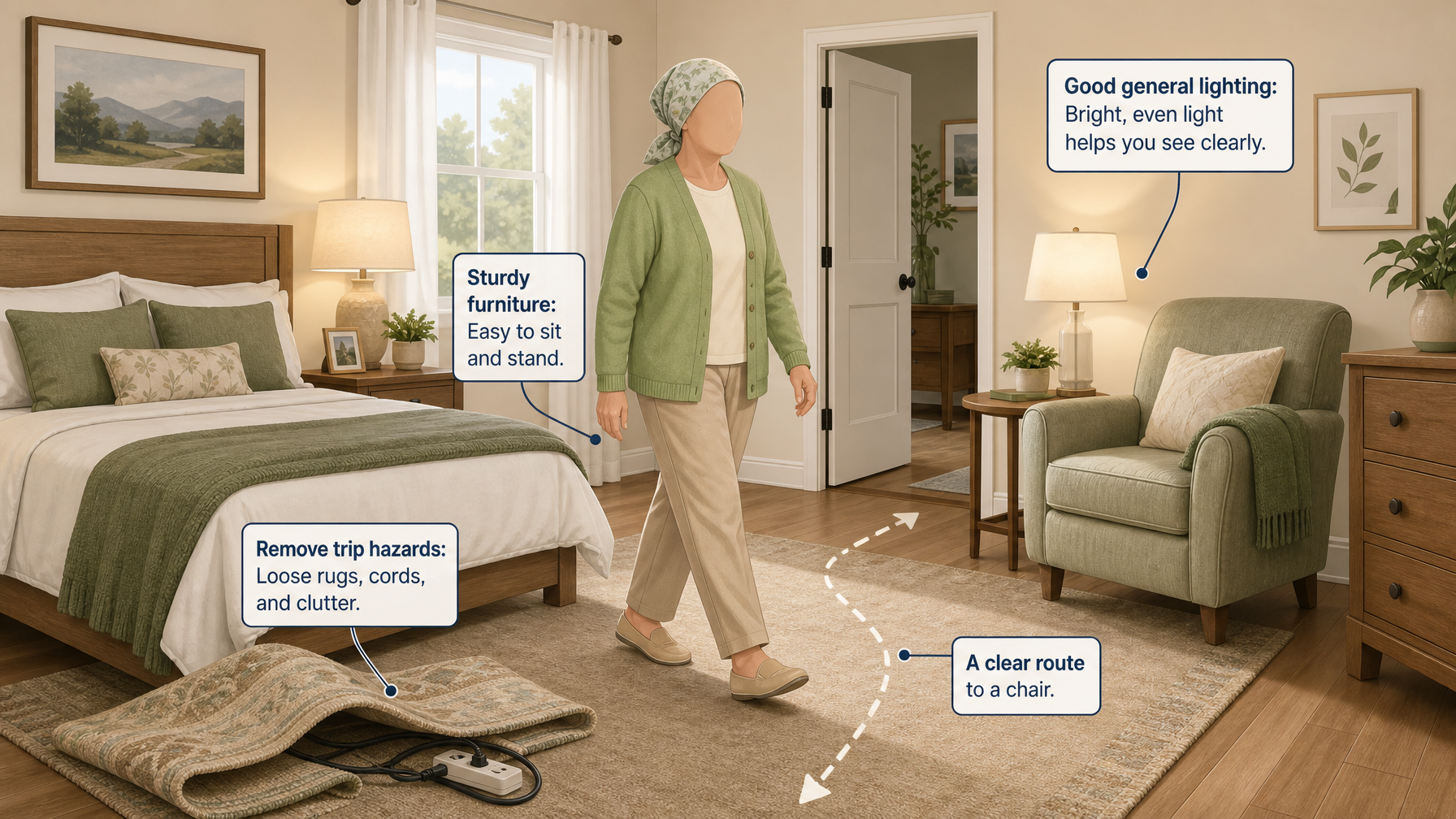 Illustration for Safe Bedroom Setup for Seniors: Fall-proof the rest of the room