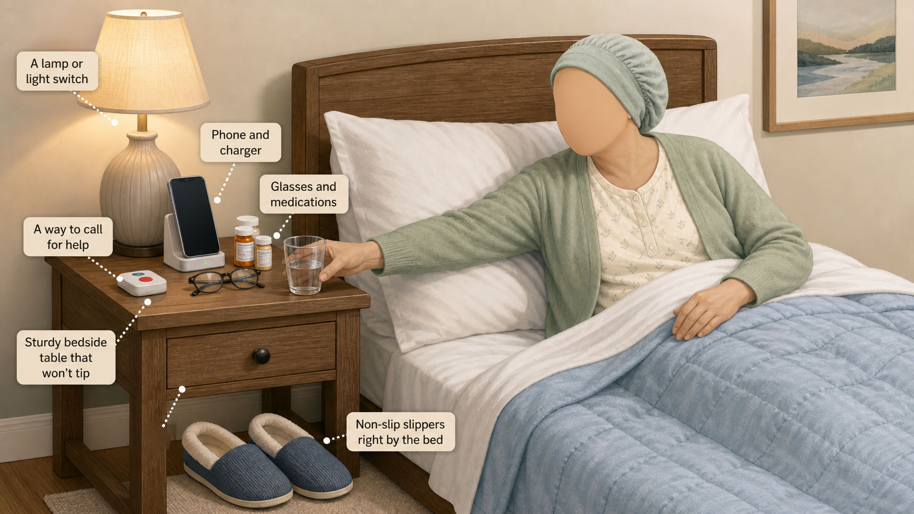 Illustration for Safe Bedroom Setup for Seniors: Keep essentials within reach