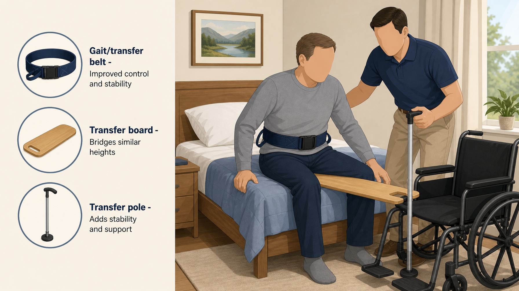 Illustration for Safe Transfer Techniques After Hospitalization: Equipment that makes transfers safer