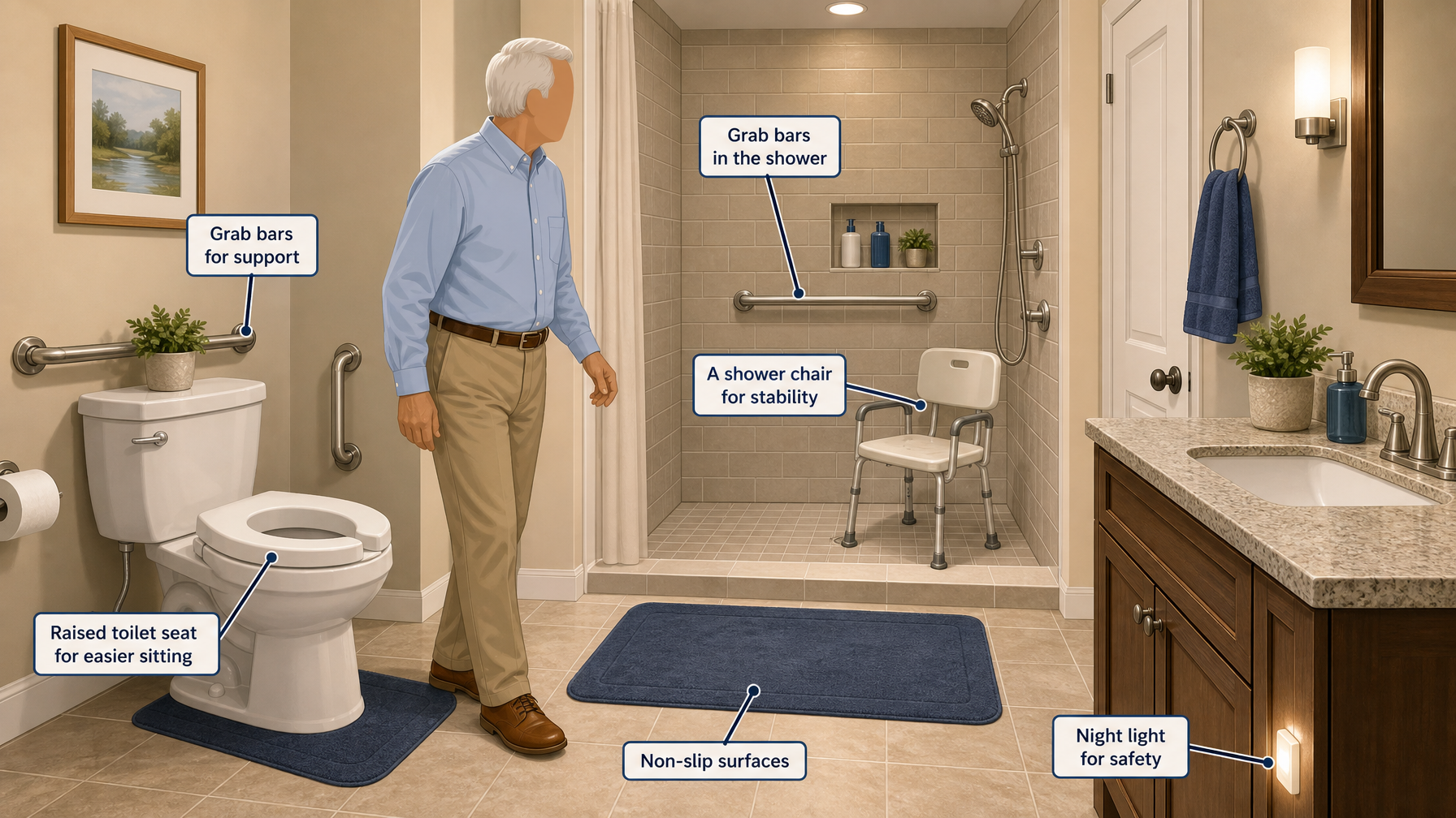 Illustration for Senior Home Safety: A Complete Caregiver Guide: The bathroom (highest risk)