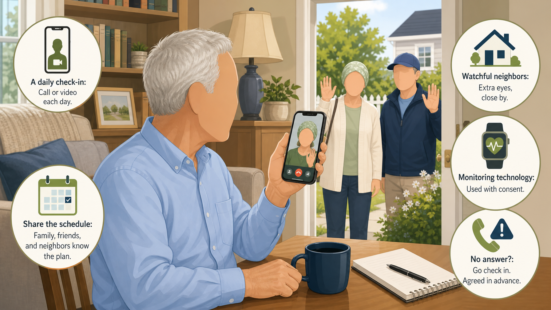 Illustration for Seniors Living Alone: A Safety Guide for Families: Regular contact and check-ins
