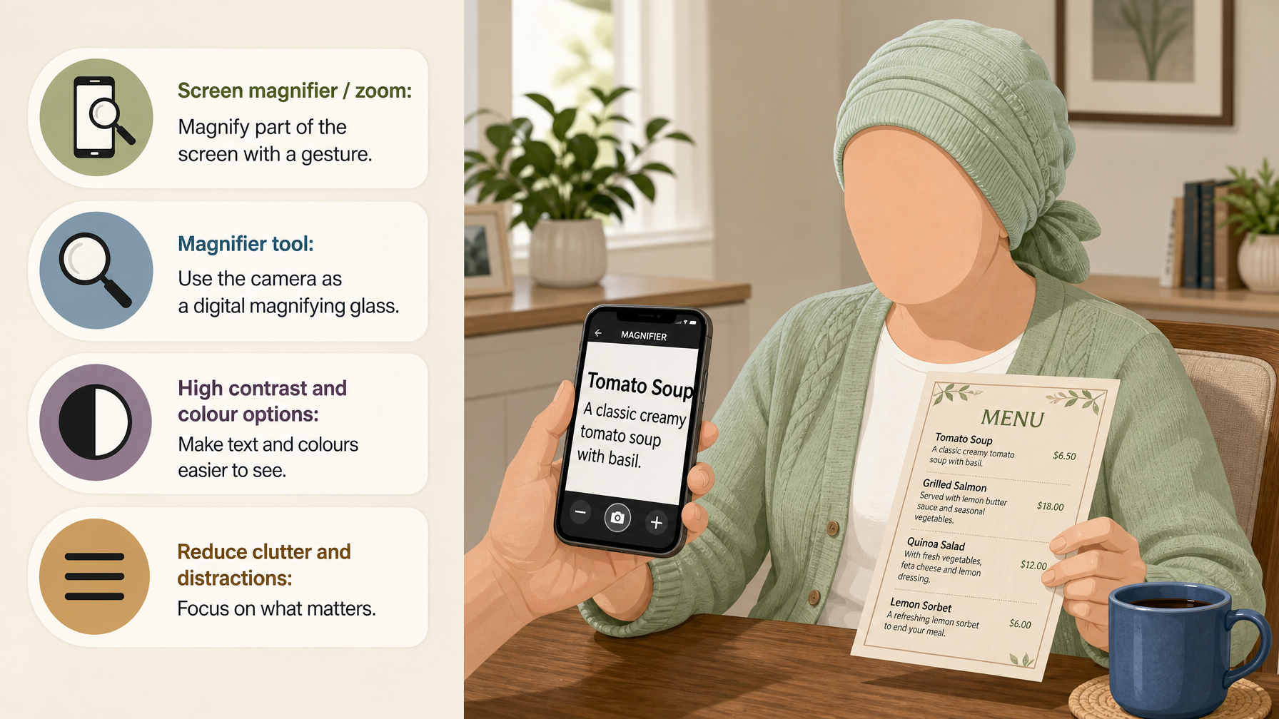 Illustration for How to Set Up a Phone for a Senior With Low Vision: Magnification and contrast