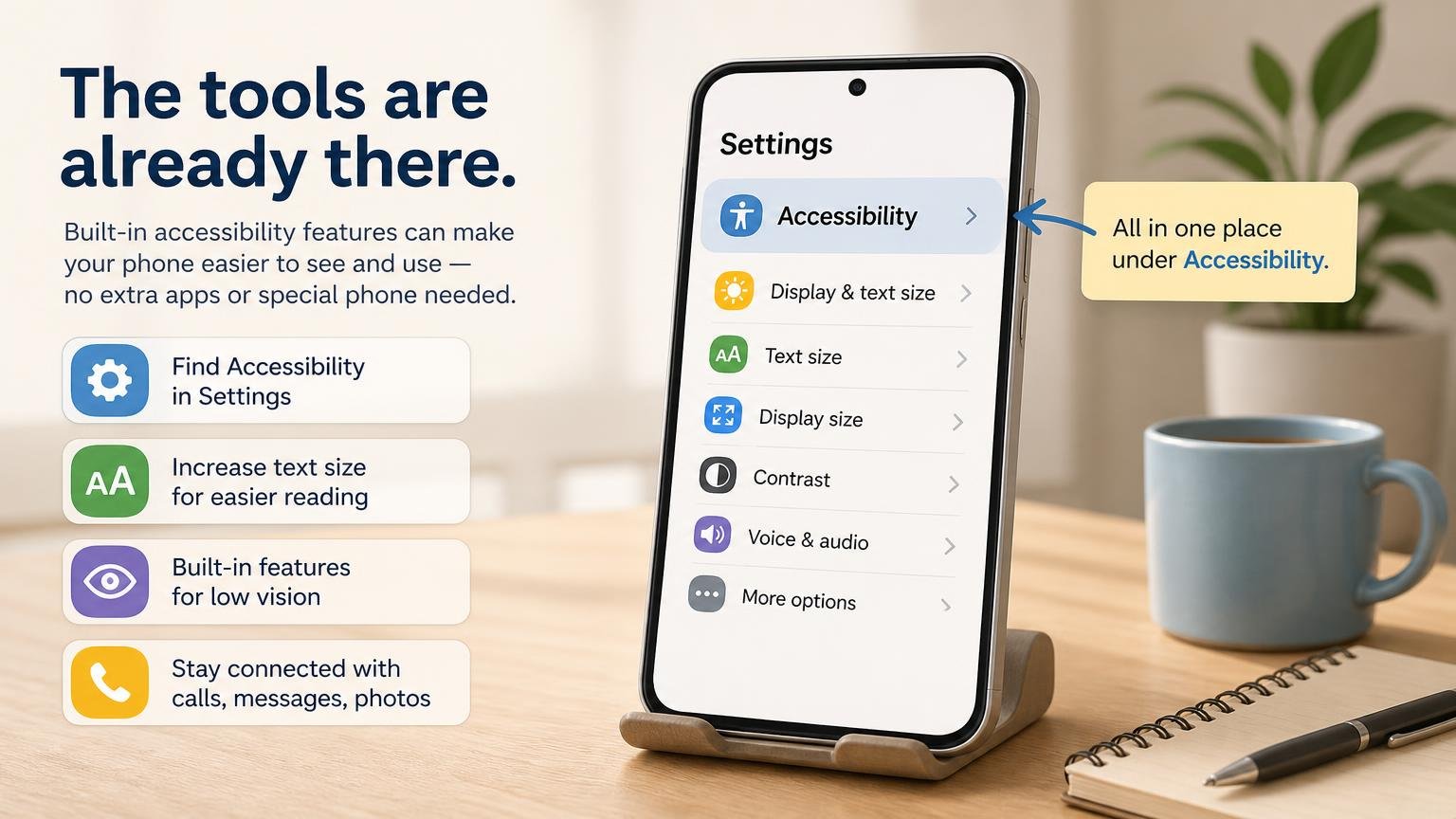 Illustration for How to Set Up a Phone for a Senior With Low Vision: The tools are already there