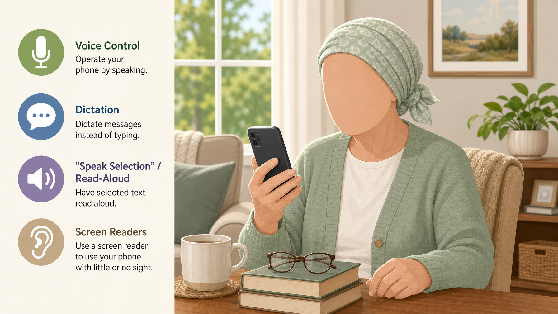 Illustration for How to Set Up a Phone for a Senior With Low Vision: Voice control and screen readers