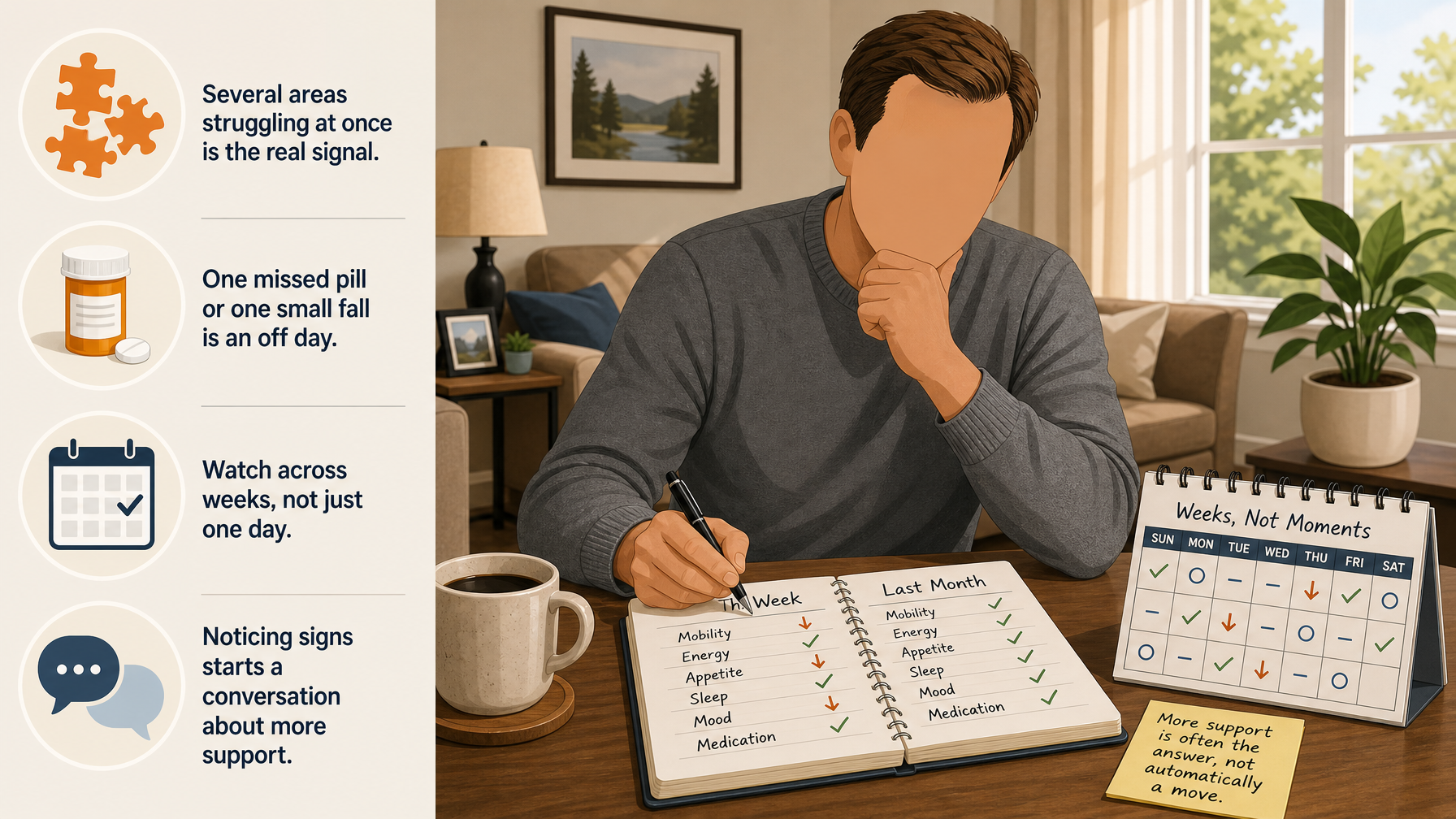 Illustration for Signs an Elderly Parent Should Not Live Alone: Look for a pattern, not a single moment