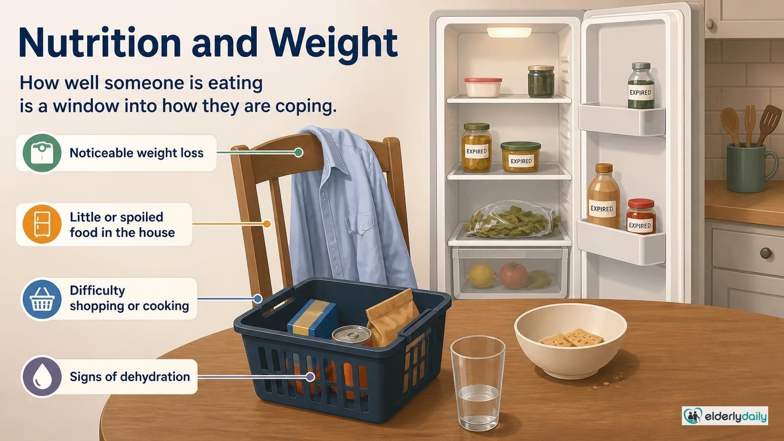 Illustration for Signs an Elderly Parent Should Not Live Alone: Nutrition and weight