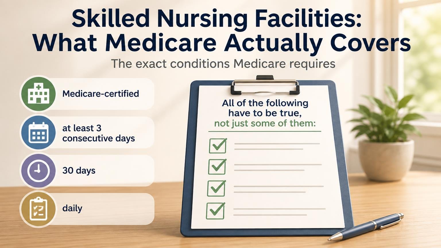 Illustration for Skilled Nursing Facilities: What Medicare Actually Covers: The exact conditions Medicare requires