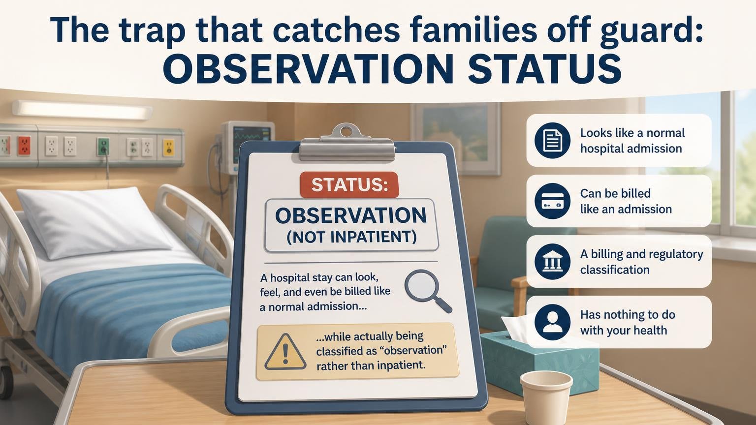 Illustration for Skilled Nursing Facilities: What Medicare Actually Covers: The trap that catches families off guard: observation status