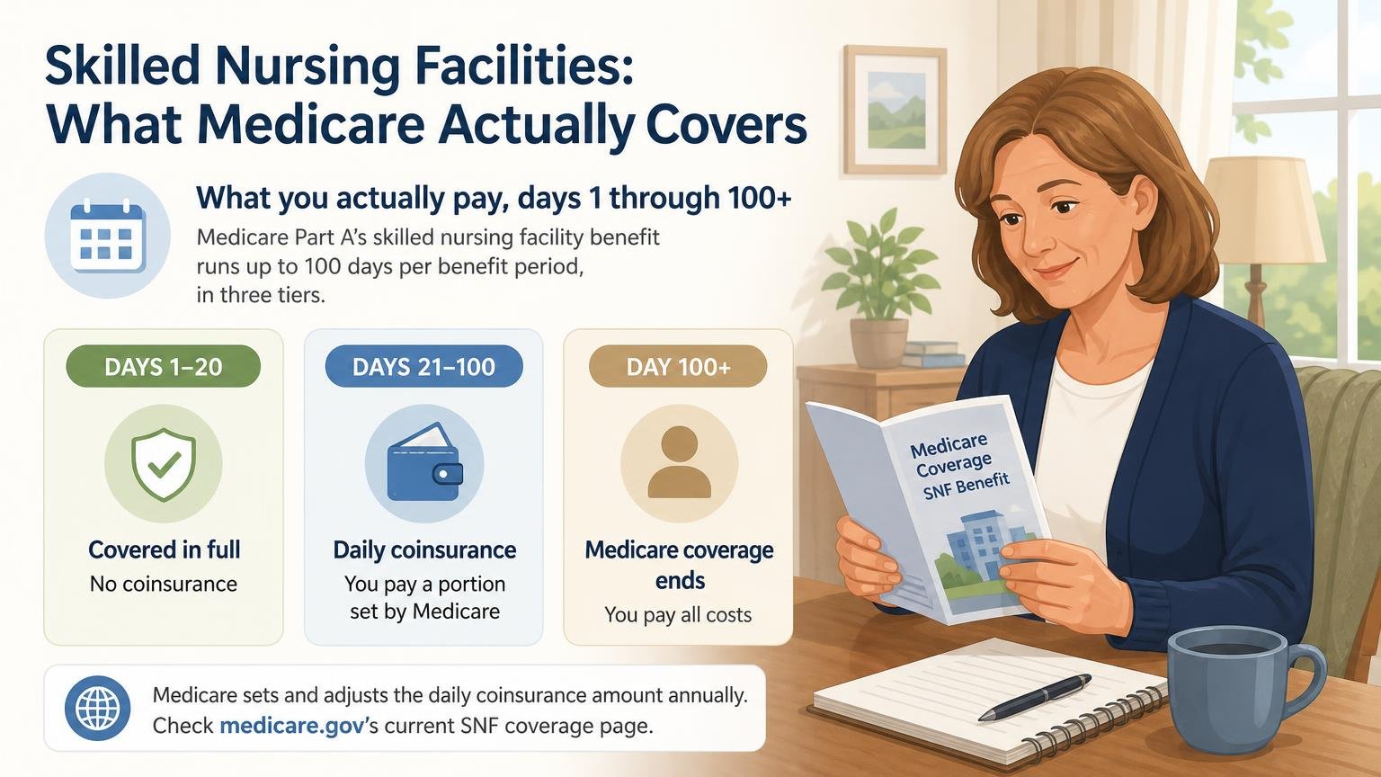 Illustration for Skilled Nursing Facilities: What Medicare Actually Covers: What you actually pay, days 1 through 100+
