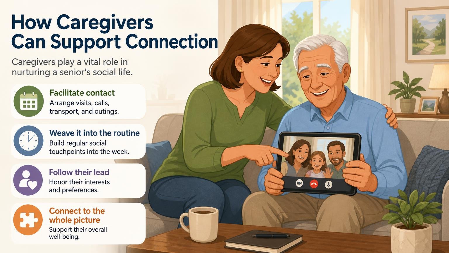 Illustration for Social Activities for Seniors: Staying Connected: How caregivers can support connection