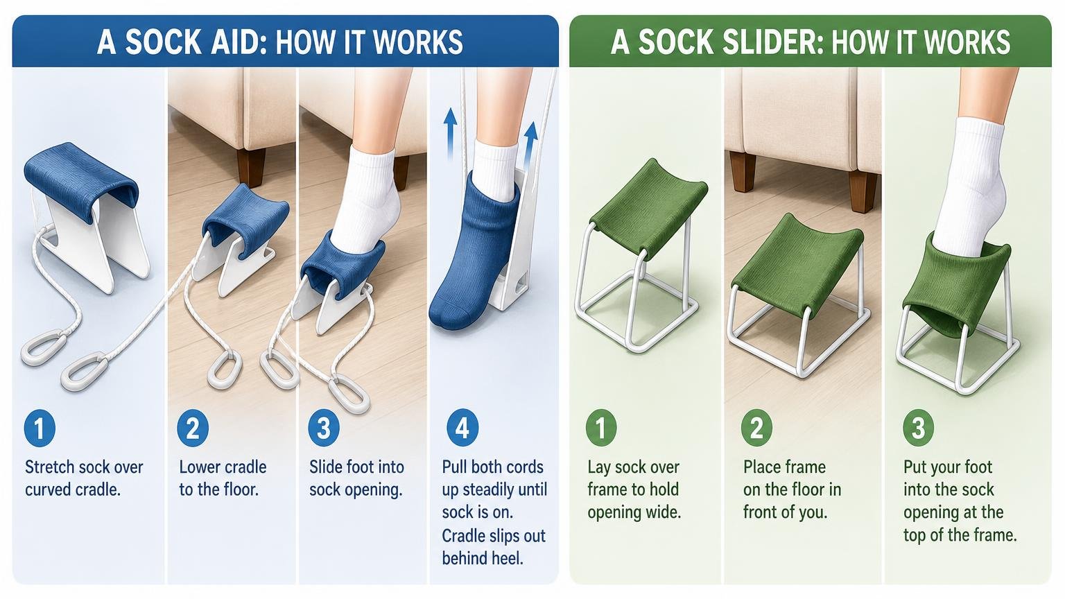 Illustration for Sock Aid vs Sock Slider: Which One Suits Your Hands?: How each one actually works