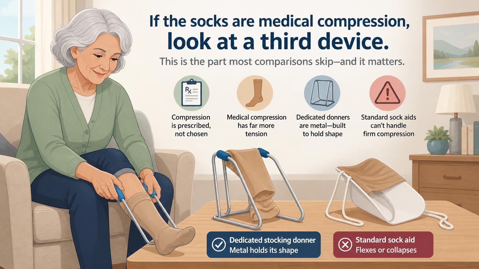 Illustration for Sock Aid vs Sock Slider: Which One Suits Your Hands?: If the socks are medical compression, look at a third device