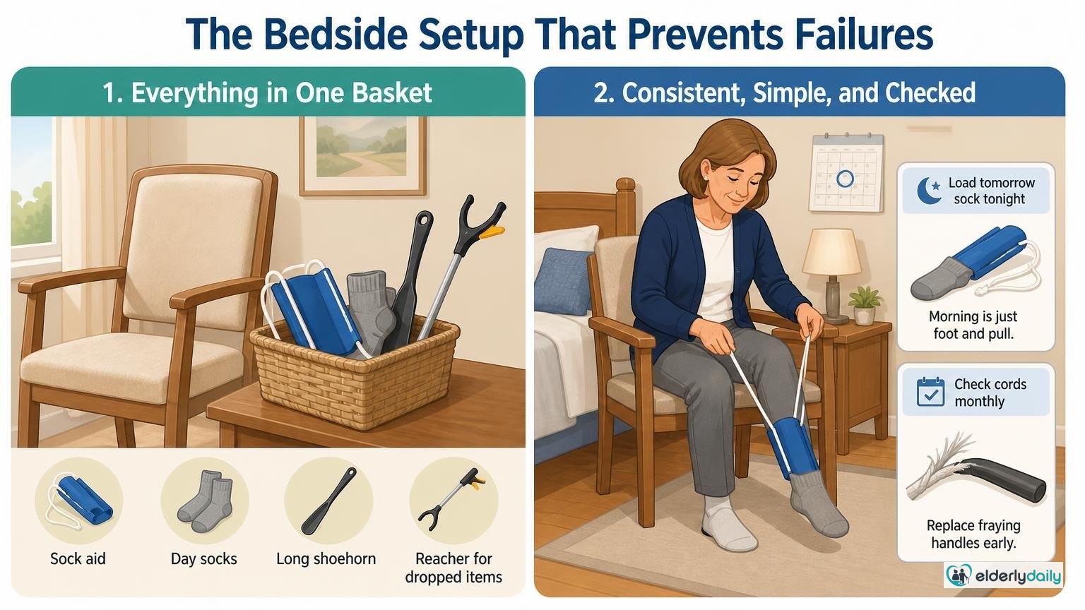 Illustration for Sock Aids for Seniors Living Alone: Independence Tools: The bedside setup that prevents failures