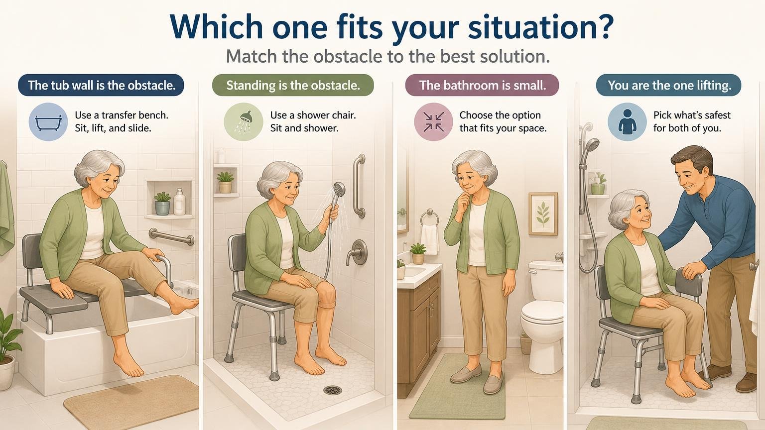 Illustration for Tub Bench vs Shower Chair: Which One Does Your Bathroom Need?: Which one fits your situation