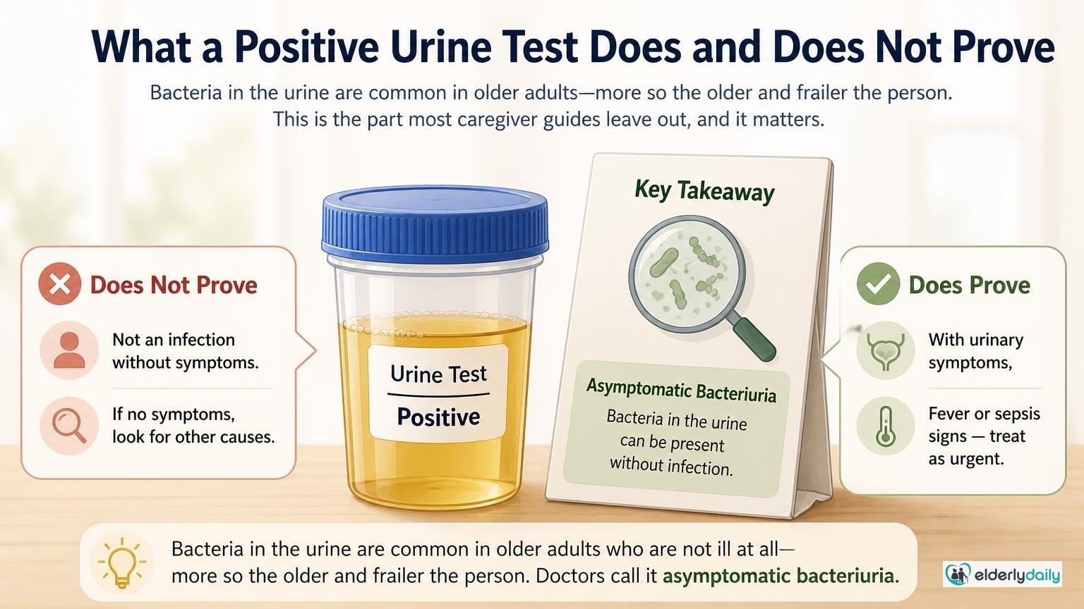 Illustration for UTI Signs in Seniors: The Symptoms Families Miss: What a positive urine test does — and does not — prove