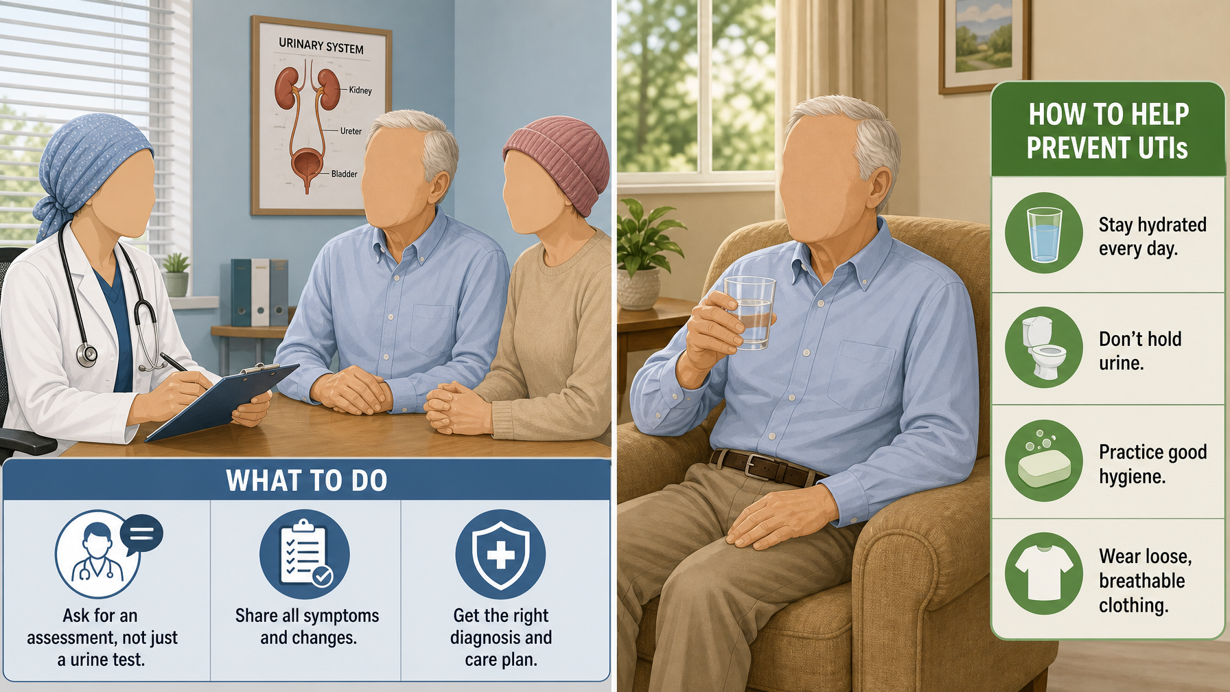 Illustration for UTI Signs in Seniors: The Symptoms Families Miss: What to do and how to help prevent UTIs
