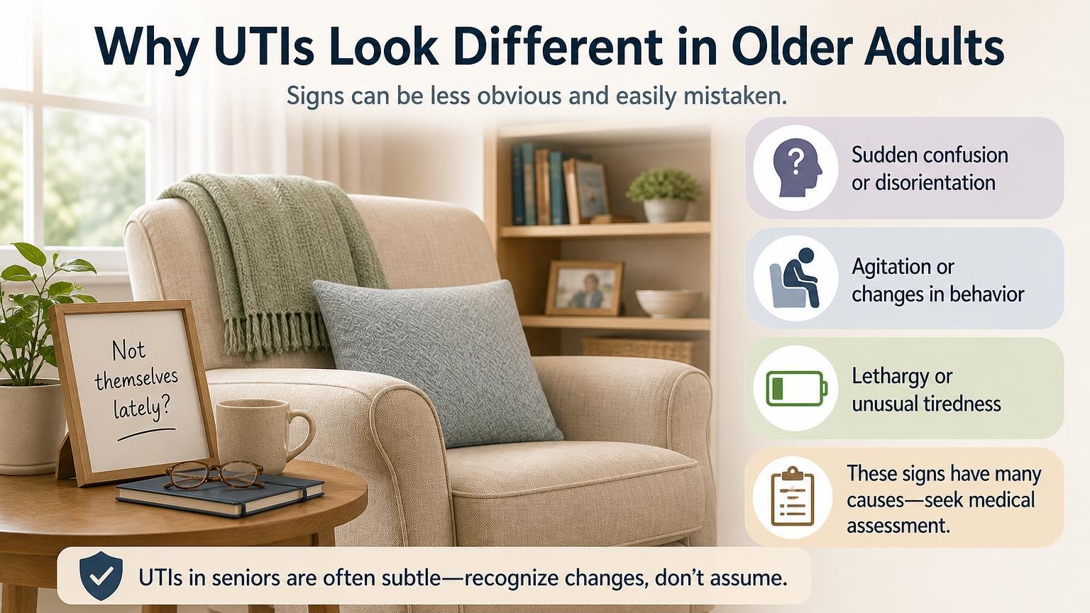 Illustration for UTI Signs in Seniors: The Symptoms Families Miss: Why UTIs look different in older adults