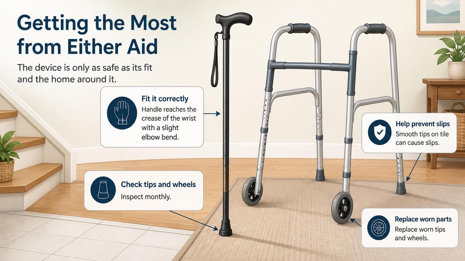 Illustration for Walker vs Cane: Which Mobility Aid Is Right?: Getting the most from either aid