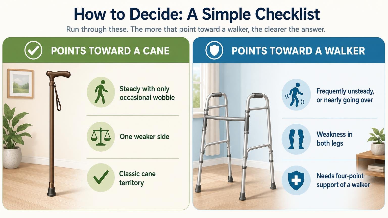Illustration for Walker vs Cane: Which Mobility Aid Is Right?: How to decide: a simple checklist