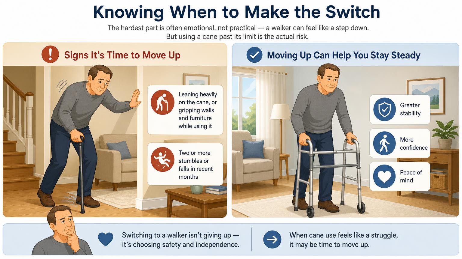 Illustration for Walker vs Cane: Which Mobility Aid Is Right?: Knowing when to make the switch