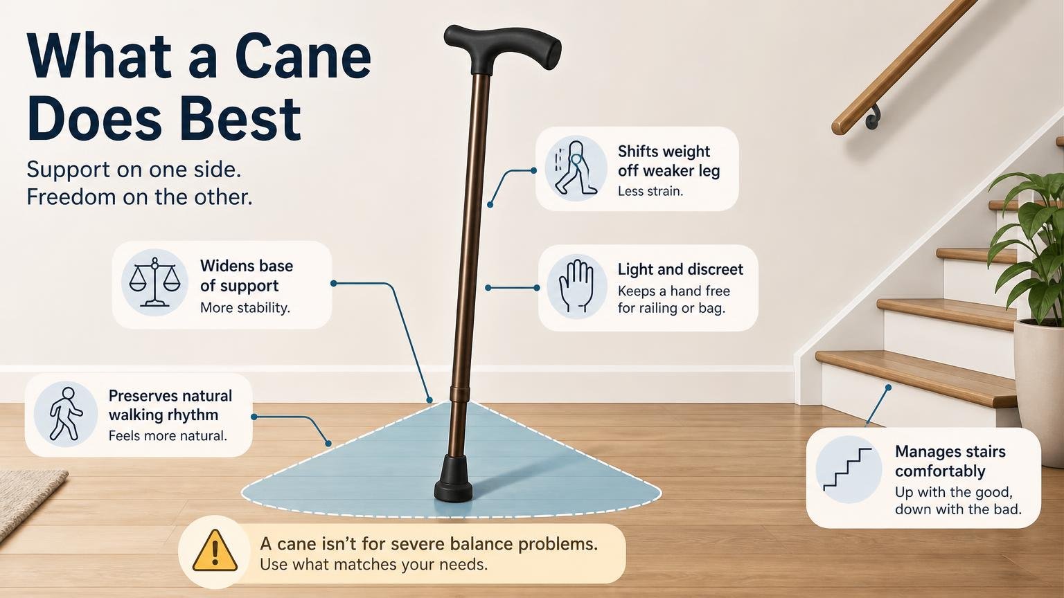 Illustration for Walker vs Cane: Which Mobility Aid Is Right?: What a cane does best