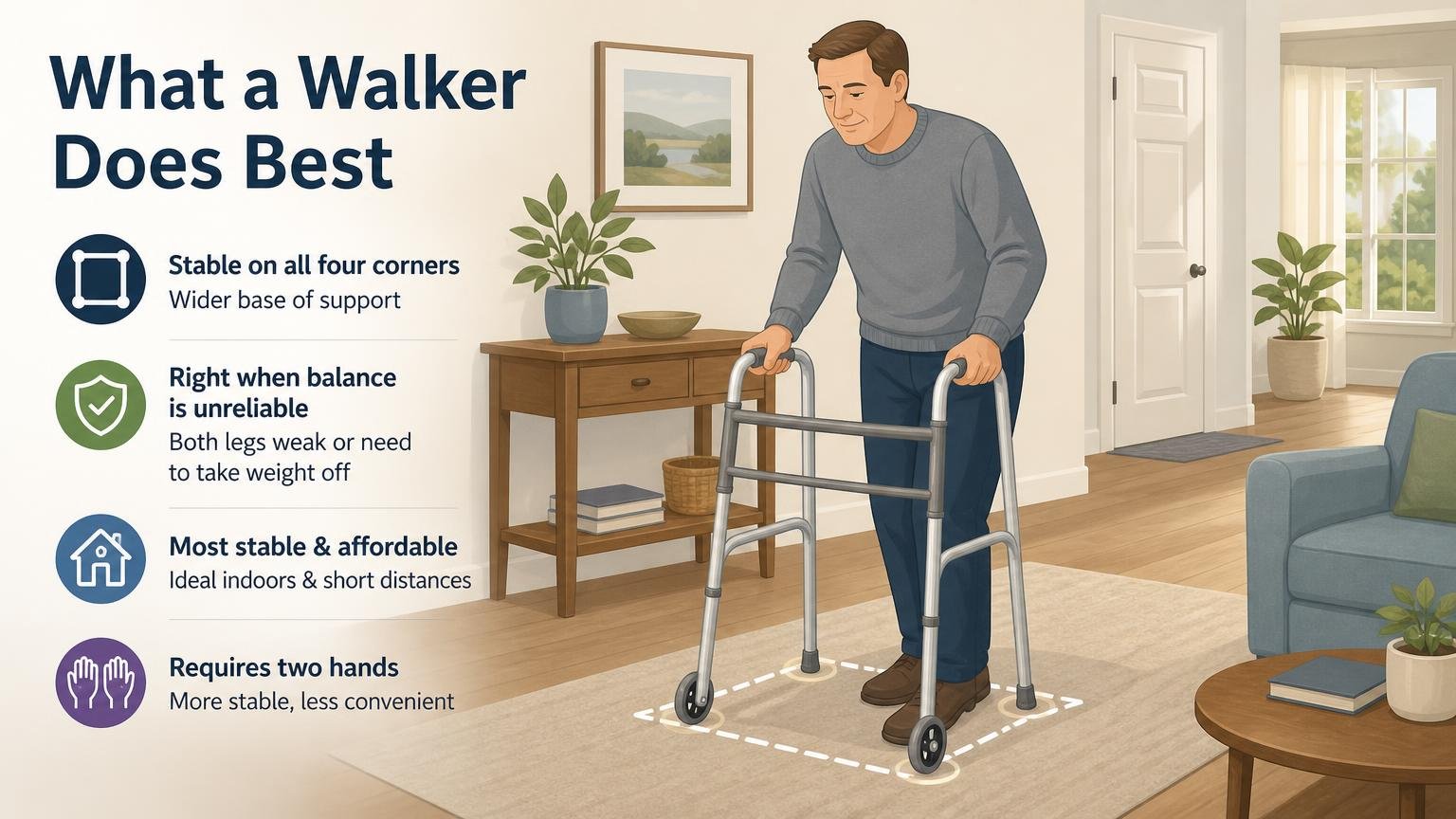 Illustration for Walker vs Cane: Which Mobility Aid Is Right?: What a walker does best