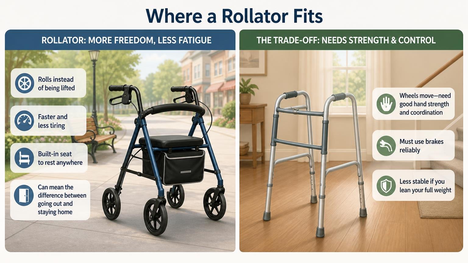 Illustration for Walker vs Cane: Which Mobility Aid Is Right?: Where a rollator fits in