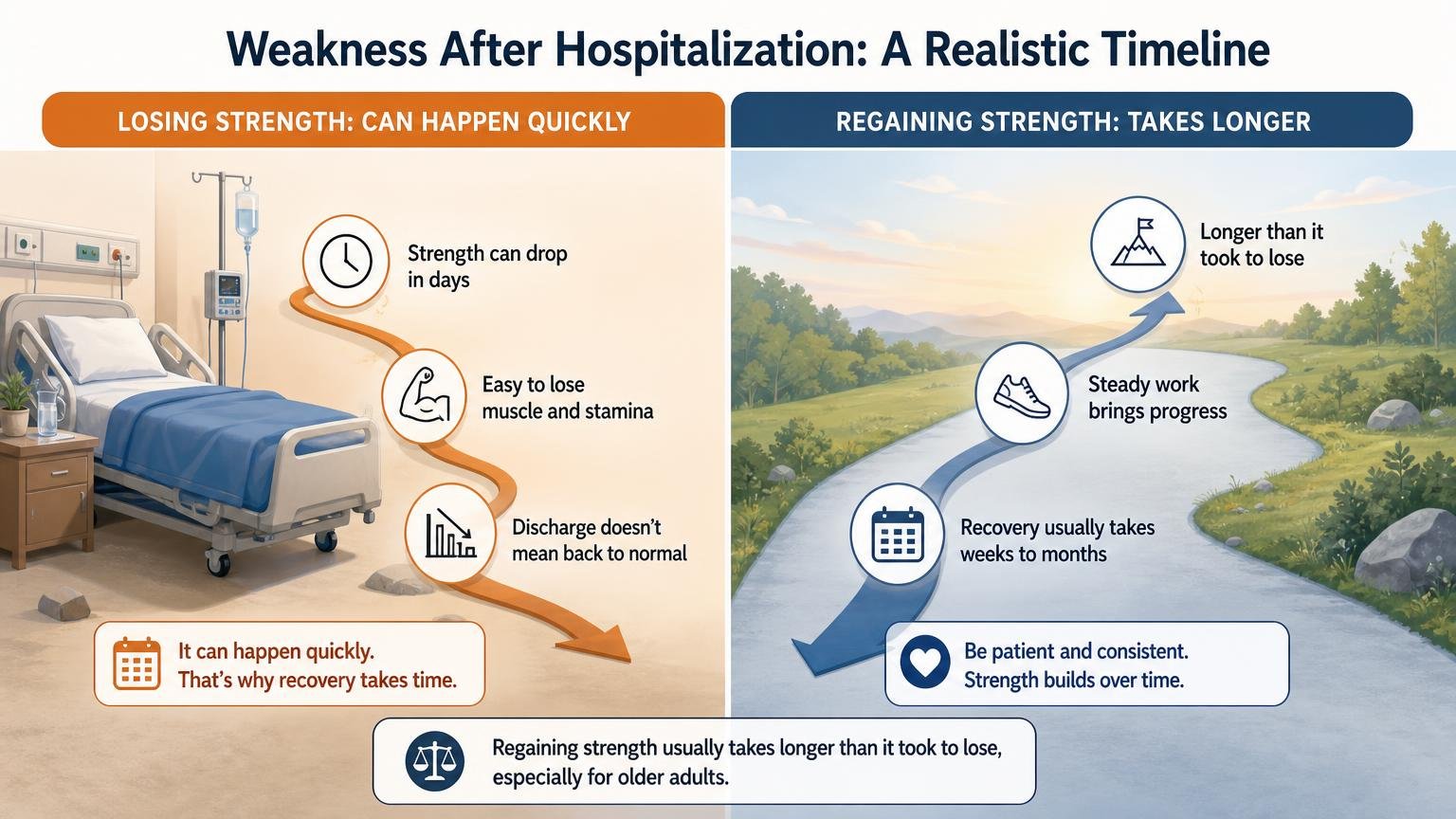 Illustration for Weakness After Hospitalization: Why It Happens and How to Rebuild: A realistic timeline