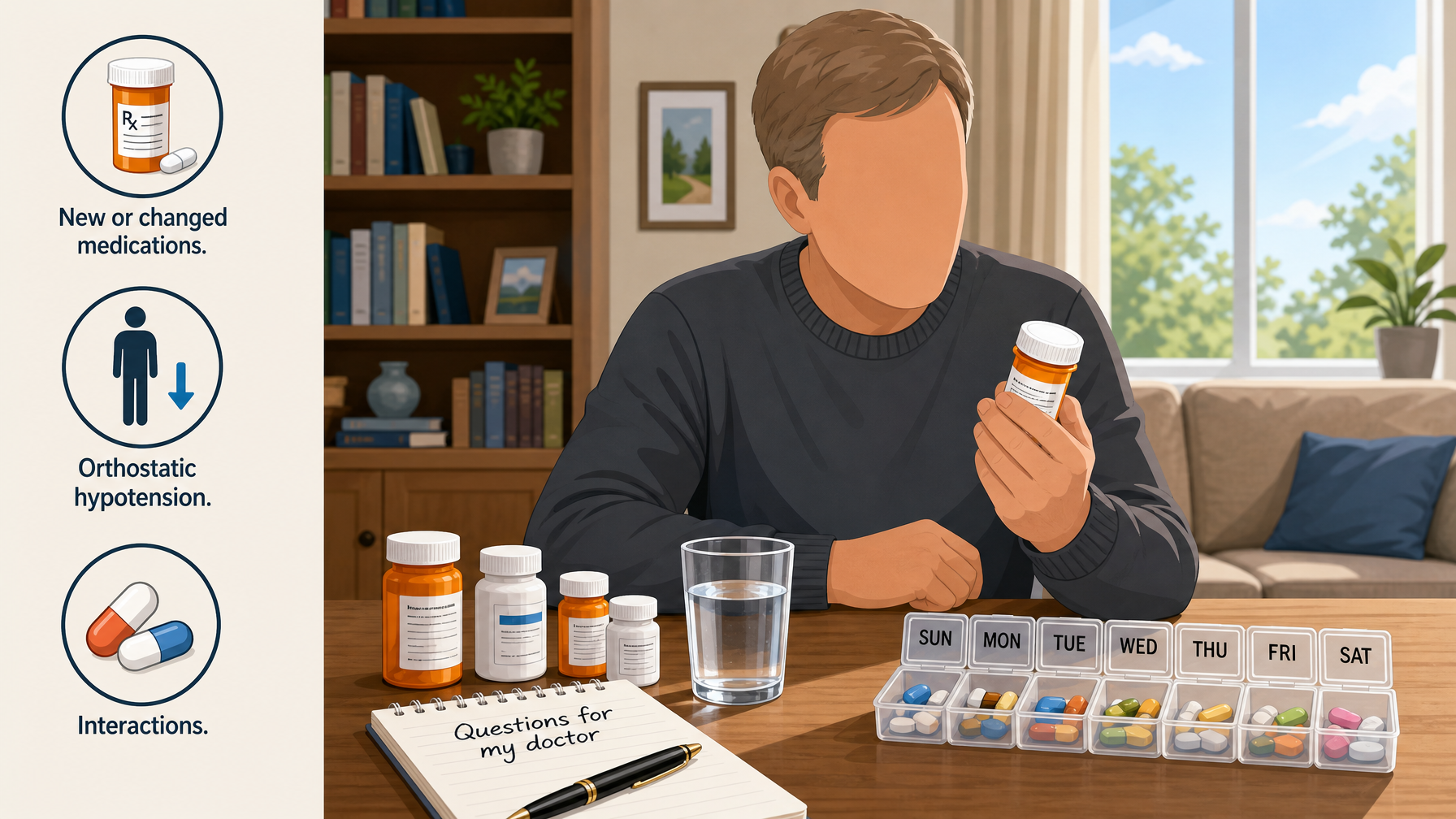 Illustration for Why Is My Dad Falling More Often?: Medications and blood pressure