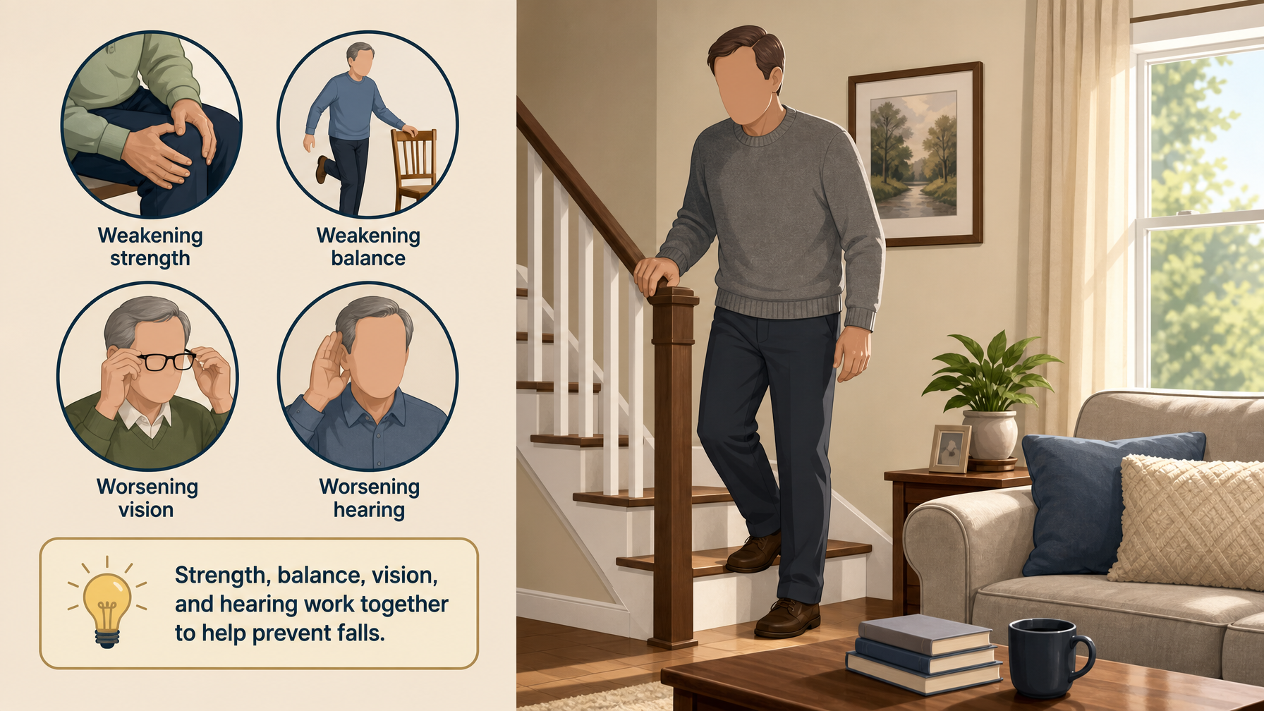 Illustration for Why Is My Dad Falling More Often?: Strength, balance, vision, and hearing
