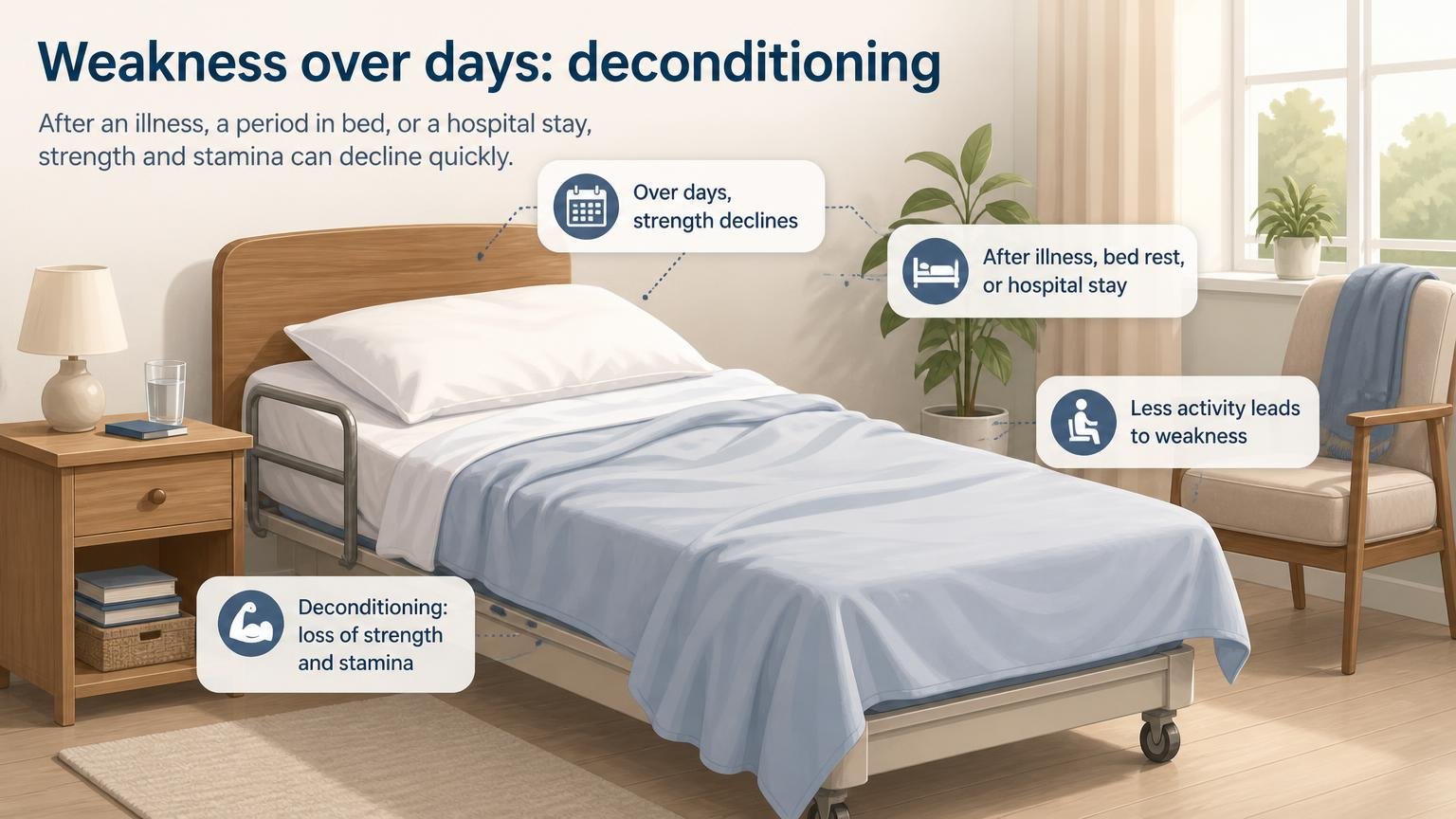 Illustration for Why Is My Elderly Parent Suddenly So Weak?: Weakness over days: deconditioning