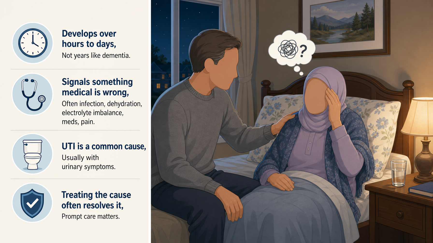 Illustration for Why Is My Mom Confused at Night?: Delirium — a medical emergency