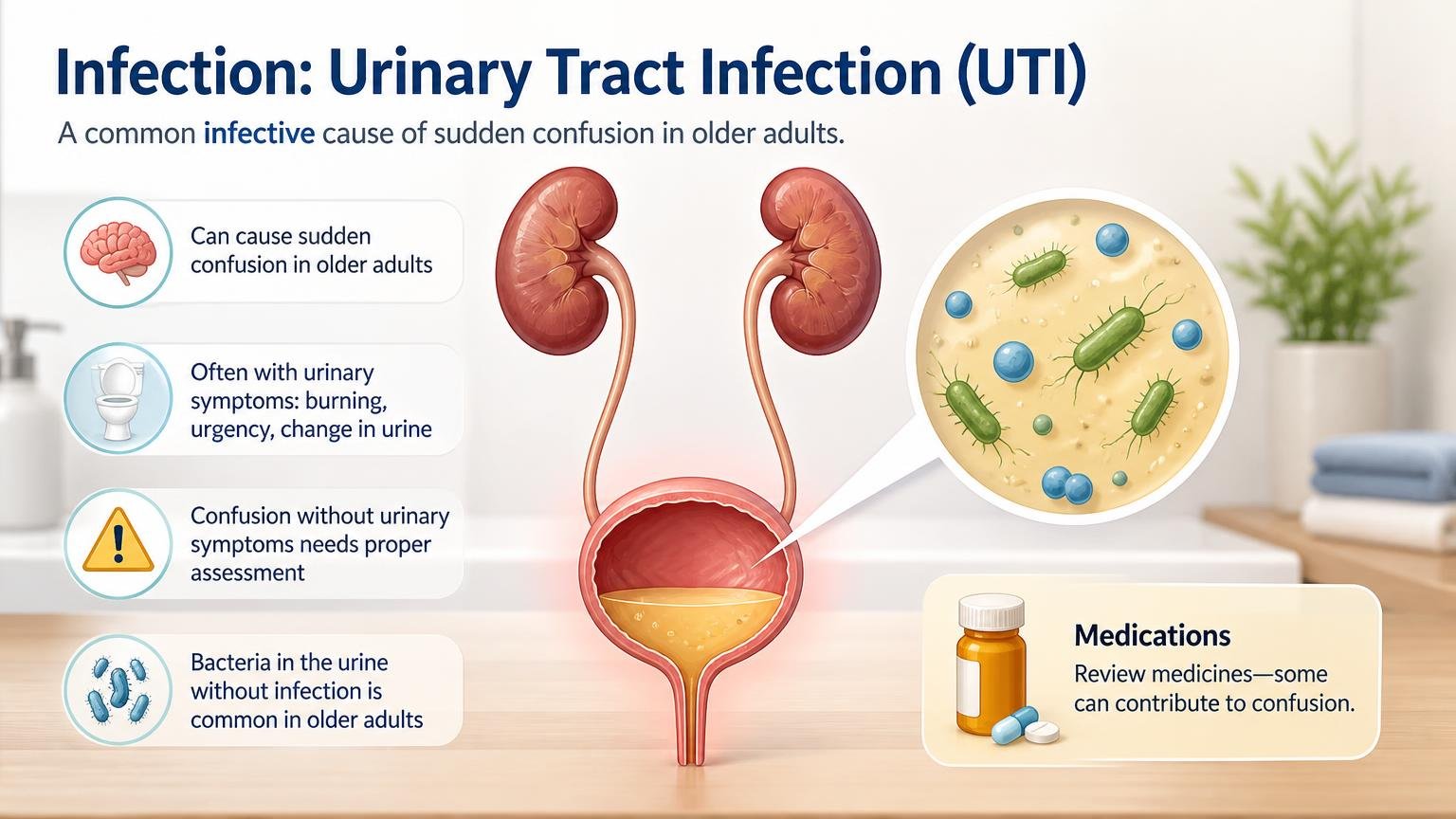 Illustration for Why Is My Mom Confused at Night?: Infection, especially a UTI
