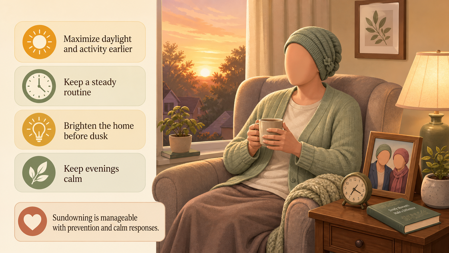 Illustration for Why Is My Mom Confused at Night?: Sundowning (with dementia)