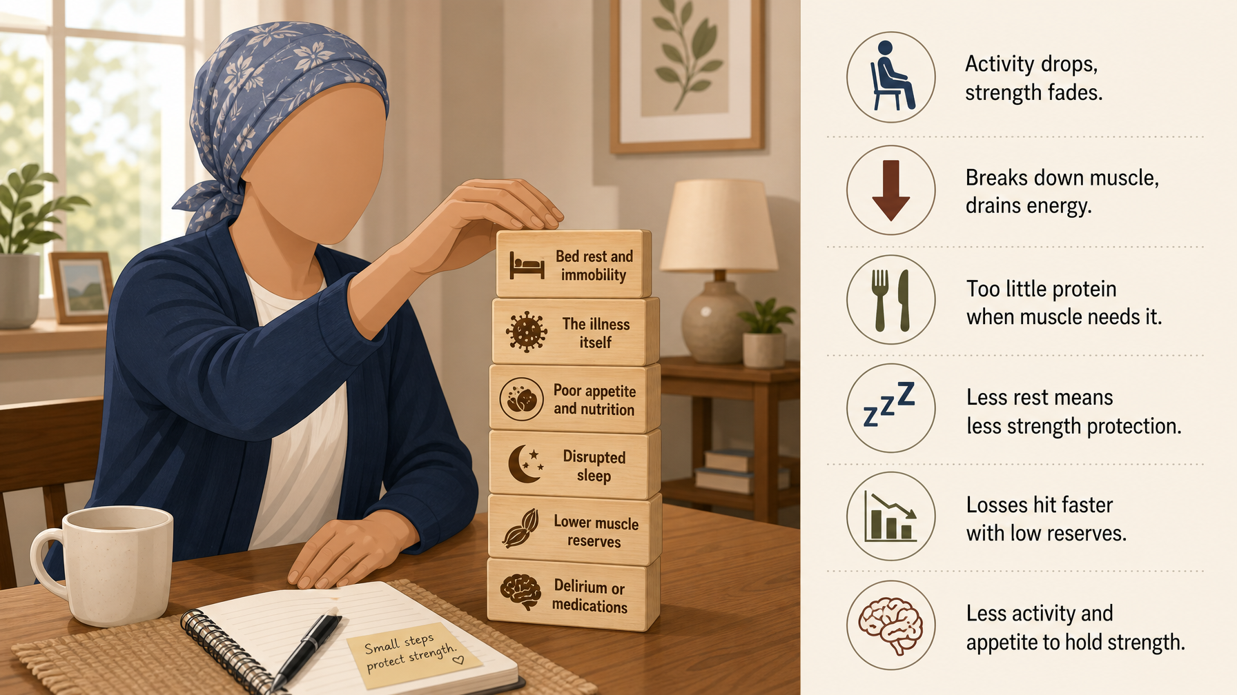 Illustration for Why Seniors Become Weak After a Hospital Stay: The factors that stack up