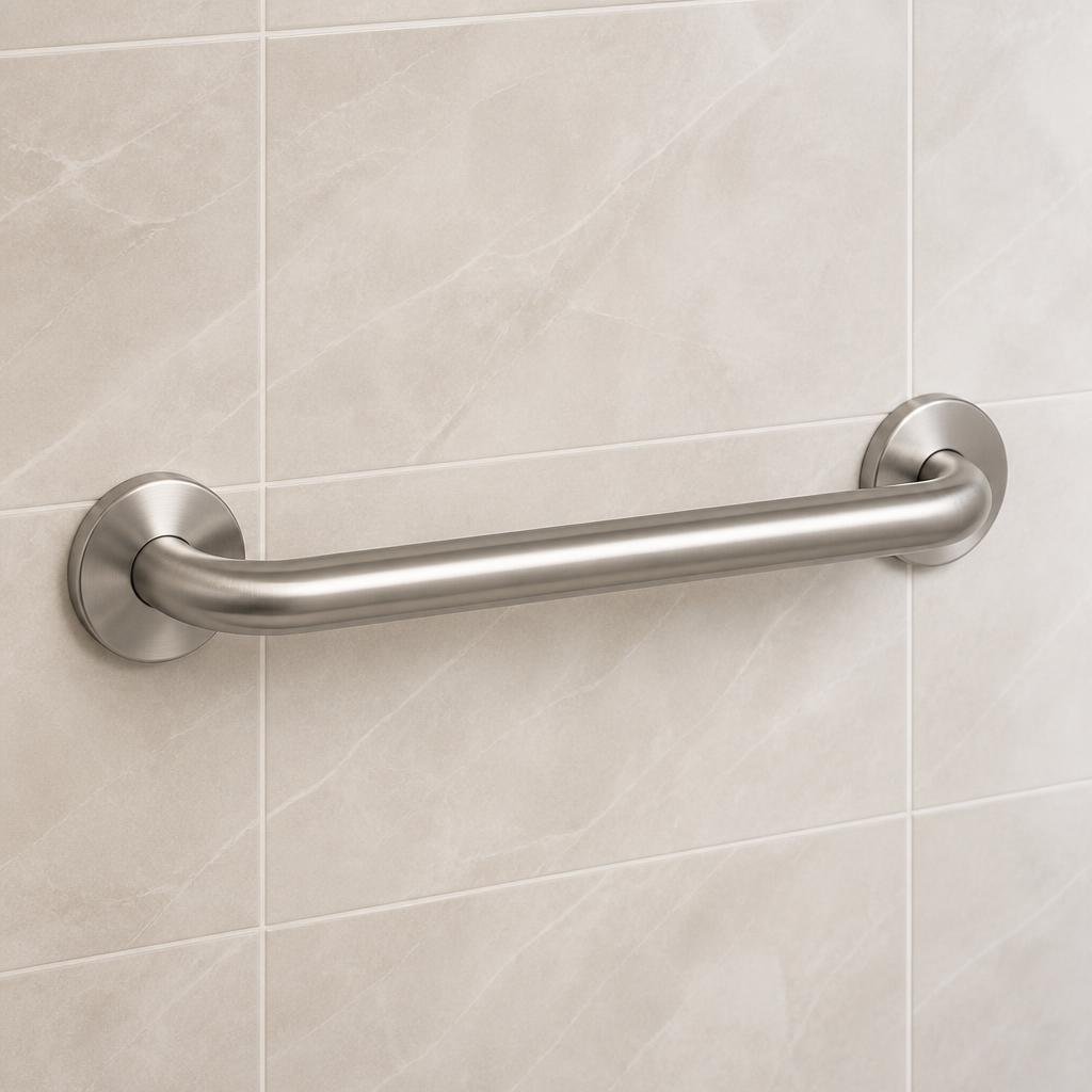 A stainless steel bathroom grab bar mounted on tile