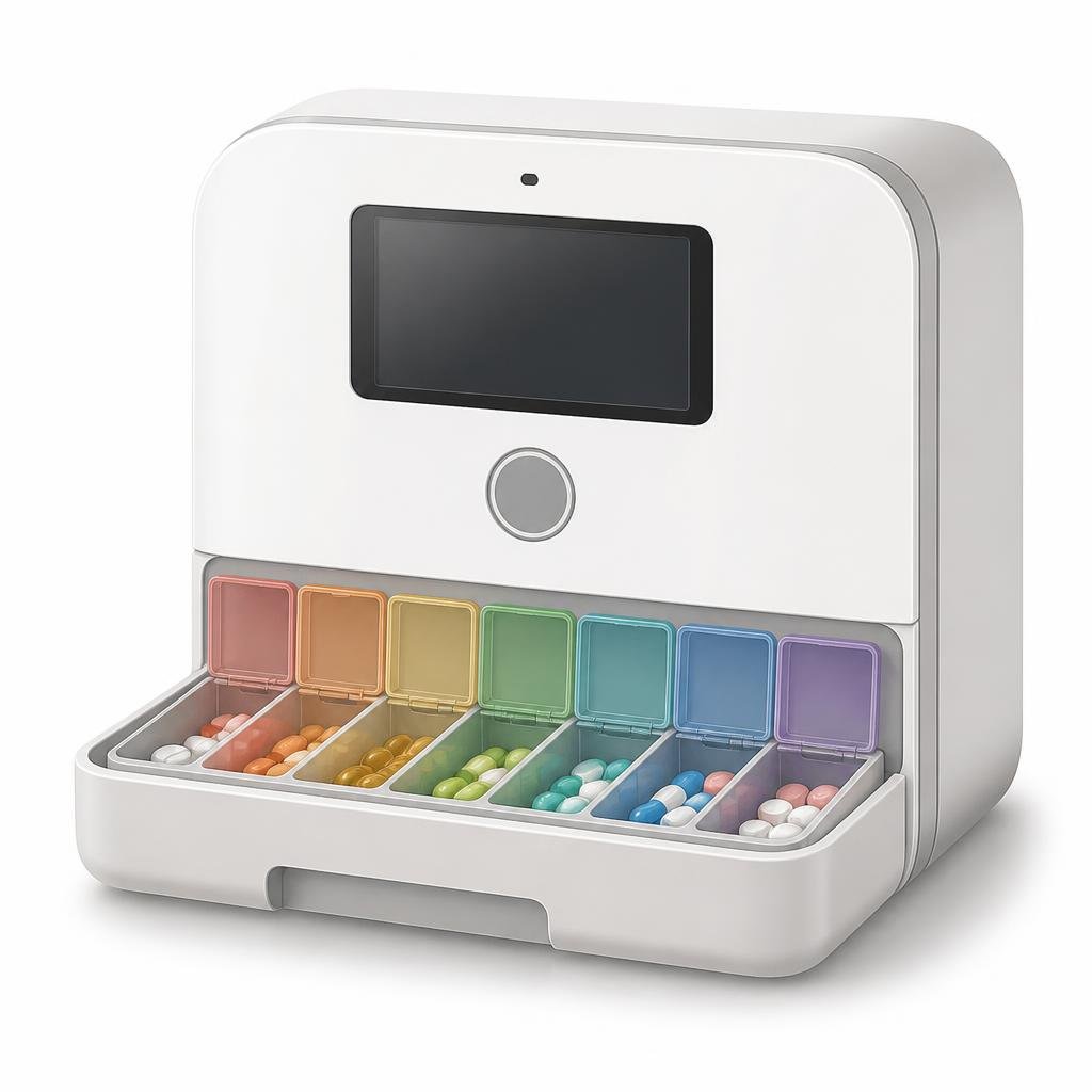 An automatic pill dispenser with a display and weekly compartments