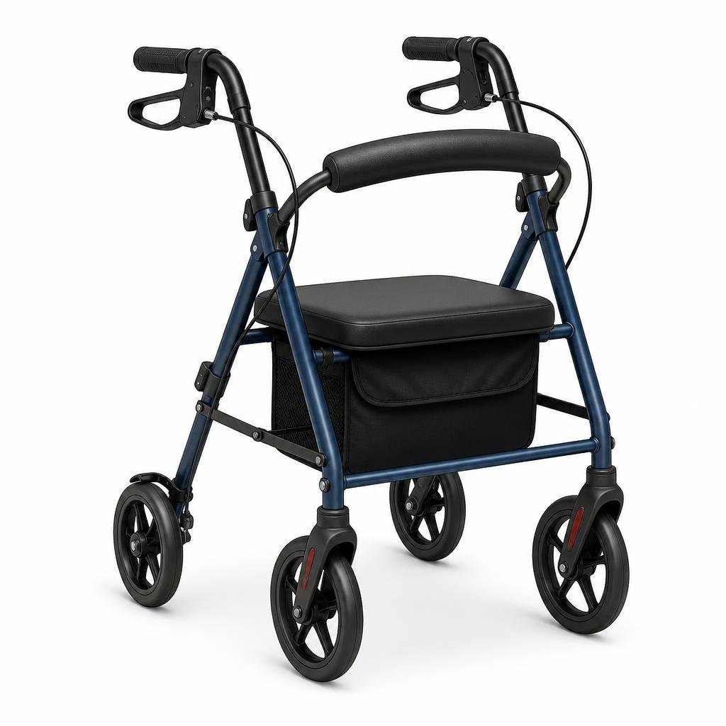 A rollator walker with wheels, hand brakes and a padded seat